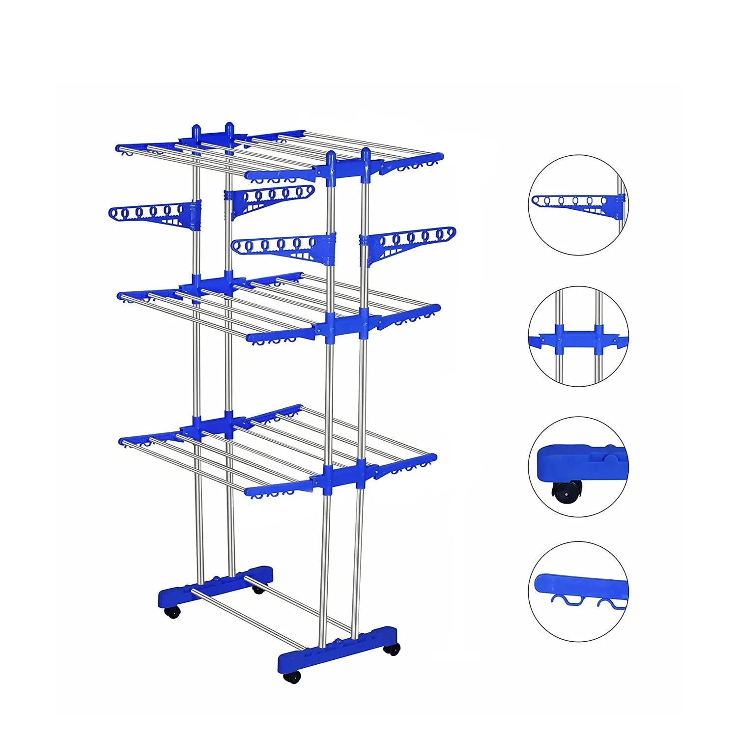 0733B Folding Double Supported 3 Layer Cloth Drying Stand Laundry Dryer Hanger with Breaking Wheels for Balcony Indoor and Outdoor Home, Steel