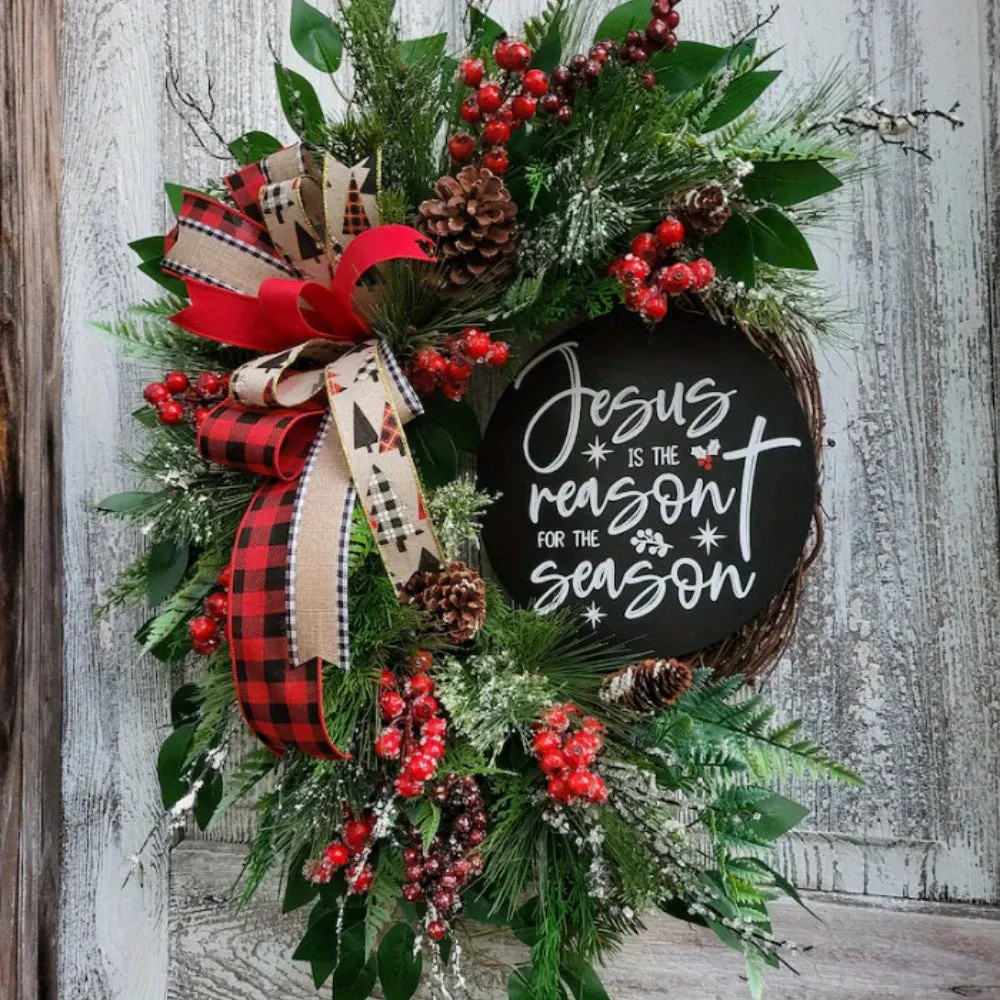 17.71in Round Wood Merry Christmas Sign with Bow for Front Door Decorations, Green, Hanging Ornament, Farmhouse Outdoor Wall Home Decor