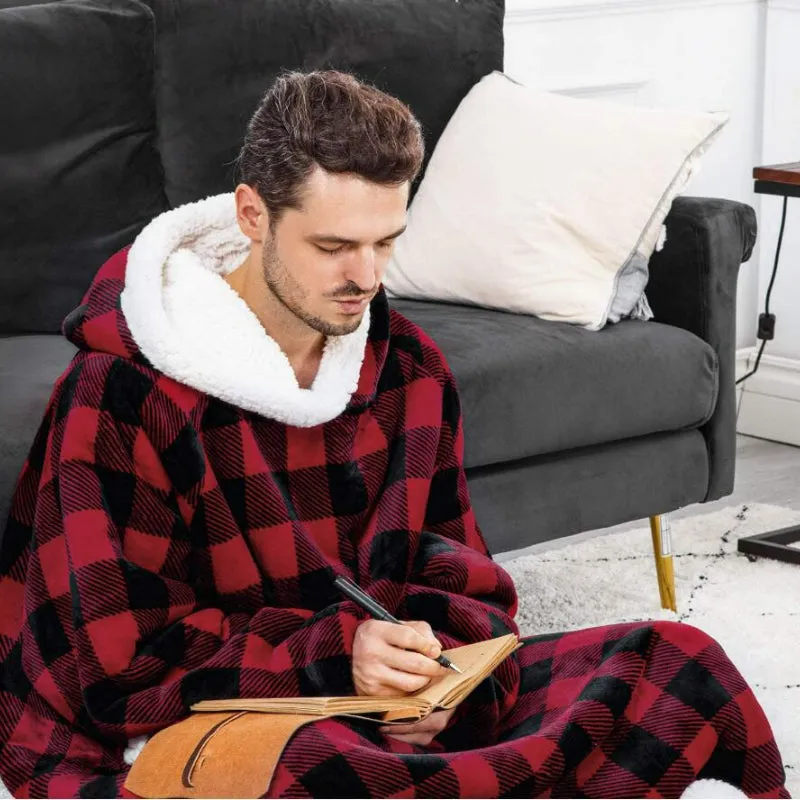 1pc Cozy Flannel Hoodie Blanket with Sleeves - Soft, Warm, and Fleece-Lined for Ultimate Comfort - Perfect for Winter, TV Nights, and Outdoor Activities