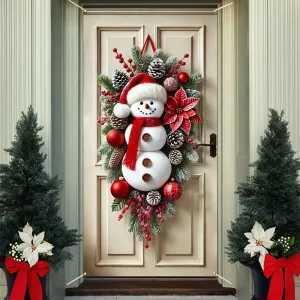 1pc Festive Christmas Wreath, 3D Snowman Door Hanging, Fabric Wall Decor, No Feather, Battery-Free, Outdoor Holiday Decoration for Home & Garden, 2025 New Year Front Door Decoration, Gift for Family & Friends