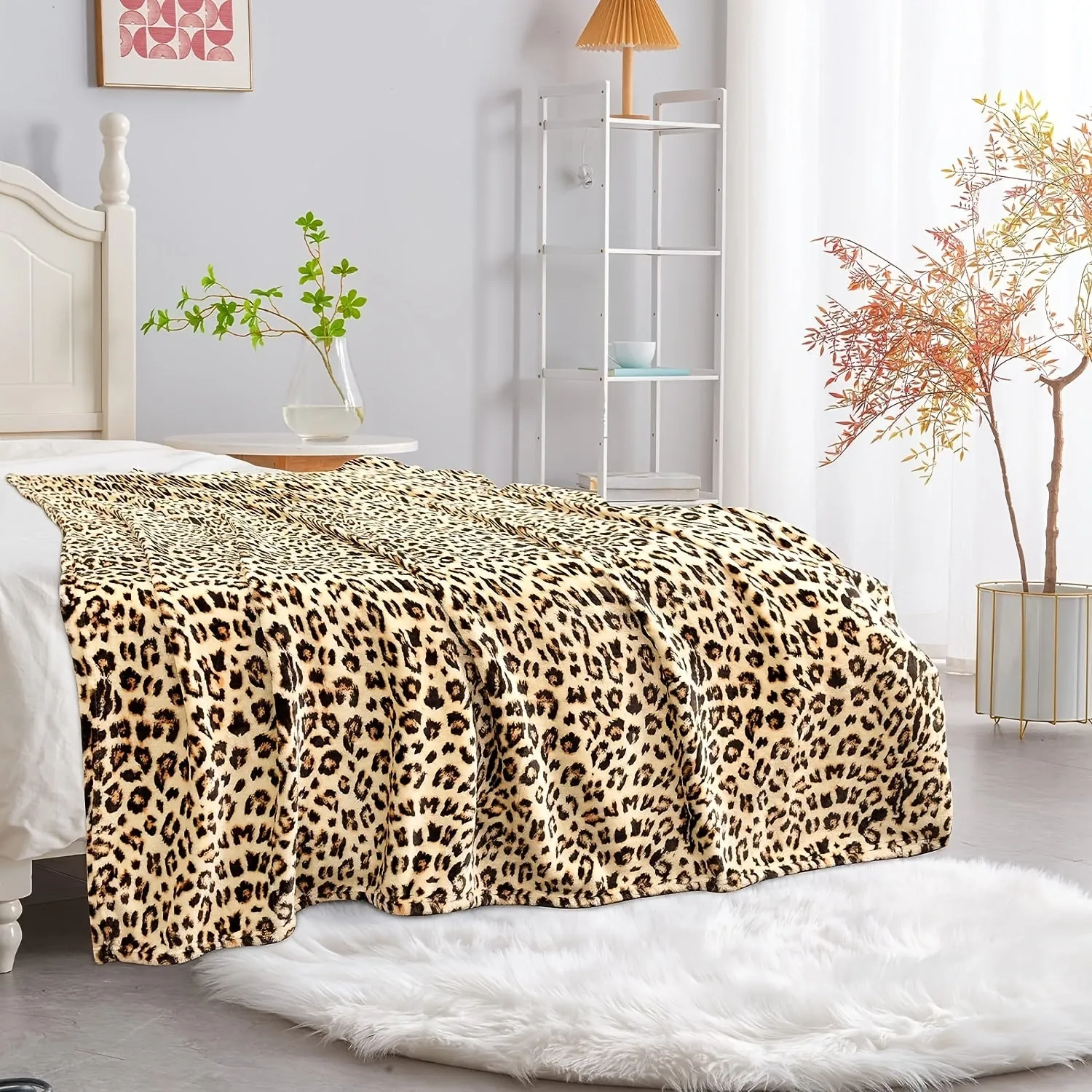 1pc Luxurious Leopard Fuzzy Plush Fleece Blanket - Soft, Double Print, Cheetah Pattern, Cozy Throws for Sofa, Couch, Bed - Perfect for Indoor, Outdoor, Travel, and Gift Giving