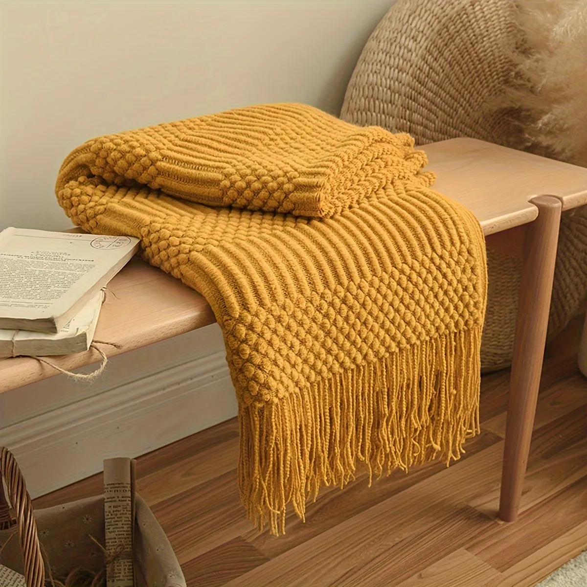 1pc Soft & Warm Multifunctional Knitted Throw Blanket - Perfect for Sofa, Car, Bed, and Outdoor Use - Tassel Trim, Versatile, and Cozy for All Seasons