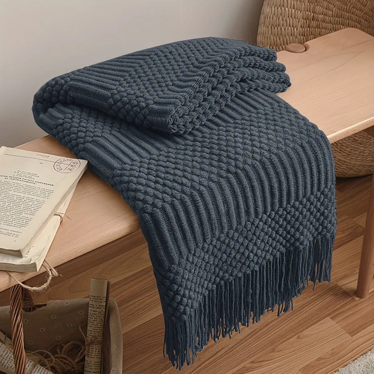 1pc Soft & Warm Multifunctional Knitted Throw Blanket - Perfect for Sofa, Car, Bed, and Outdoor Use - Tassel Trim, Versatile, and Cozy for All Seasons