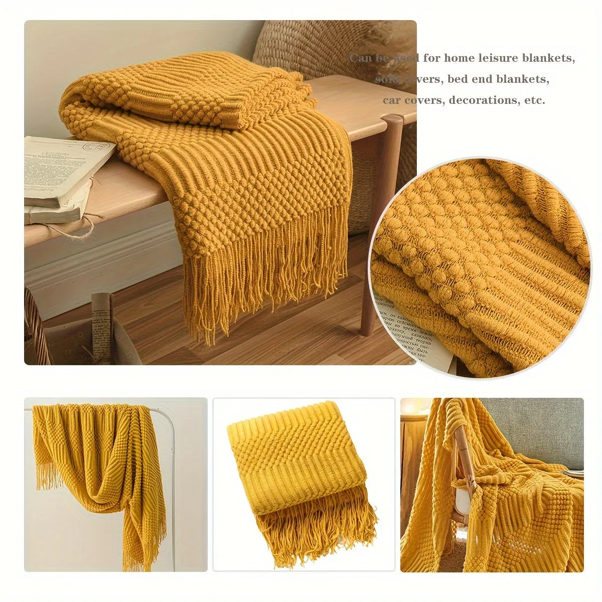 1pc Soft & Warm Multifunctional Knitted Throw Blanket - Perfect for Sofa, Car, Bed, and Outdoor Use - Tassel Trim, Versatile, and Cozy for All Seasons