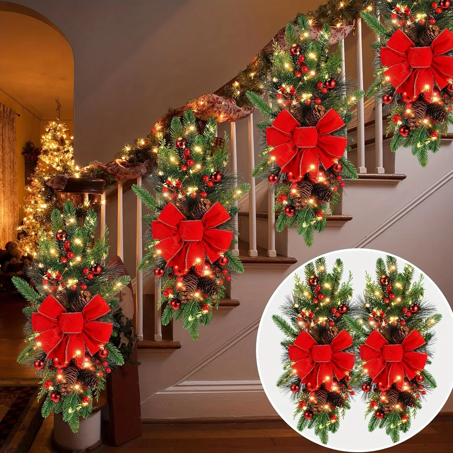 2pcs, Cordless Christmas Teardrop Stair Garland, Artificial/Fake Red Stair Hanging Decoration for Outdoor Home Garden Decor