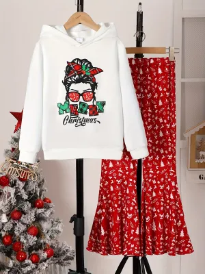 2pcs MERRY CHRISTMAS Anime Girl Print Hoodie & Flared Pants Set, Girl's Hooded Long Sleeve Top, Kid's outdoor Clothes For Spring Fall Winter