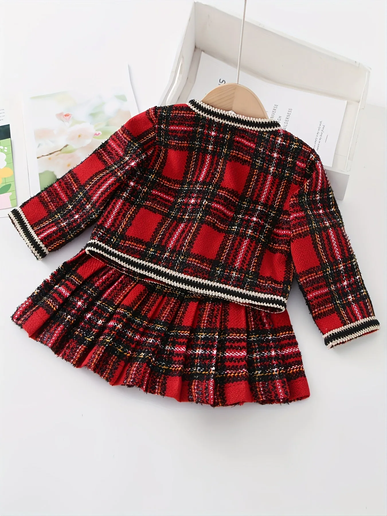 2PCS Plaid Button Front Jacket   Pleated Skirt Set Kids Outdoor Clothes For Girls Spring Fall Christmas Gift