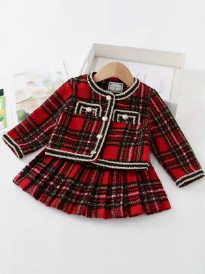 2PCS Plaid Button Front Jacket   Pleated Skirt Set Kids Outdoor Clothes For Girls Spring Fall Christmas Gift