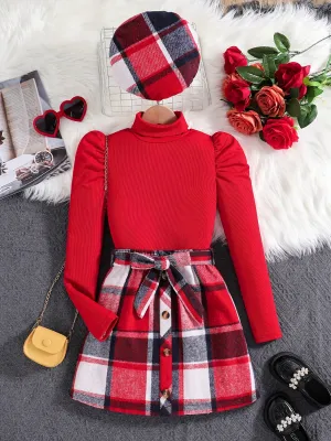 3-Piece Set Elegant Plaid Print Long Sleeve Top, Skirt & Hat for Winter/Fall Outdoor Clothes