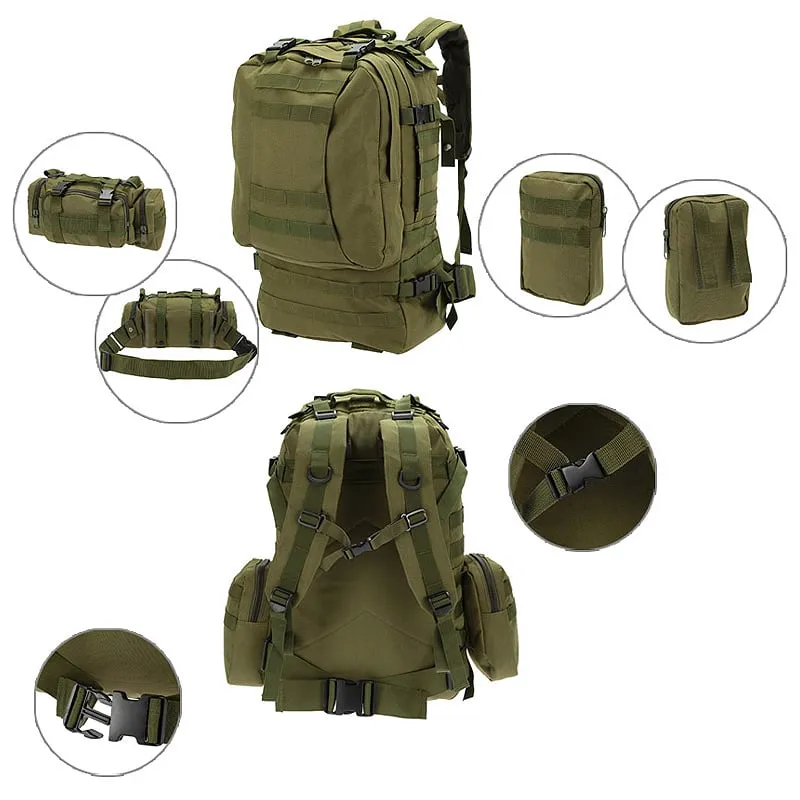 50L Backpack Daypack w/ 3 MOLLE Bags Large Military Style Outdoor Stealth Angel Survival 3M50