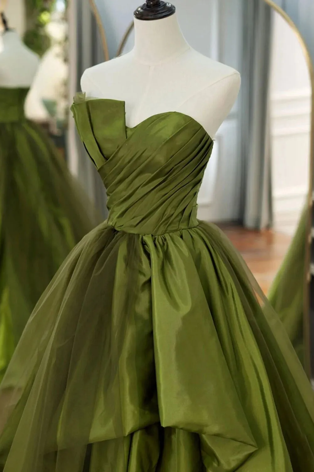 A Line Asymmetrical Strapless Green Long Prom Dress with Ruffles