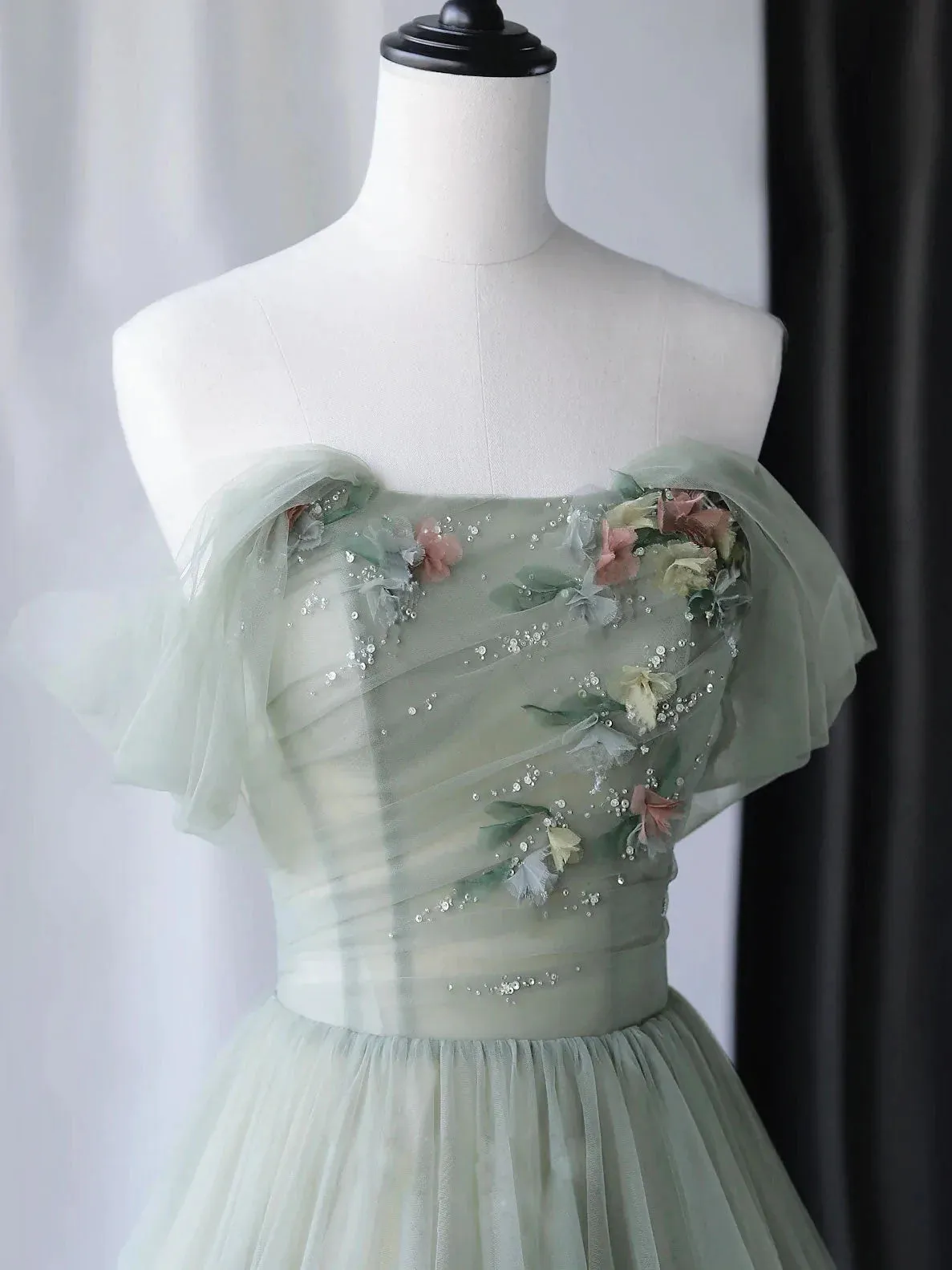 A-Line Green Tulle Long Prom Dress,Unique Formal Evening Dresses