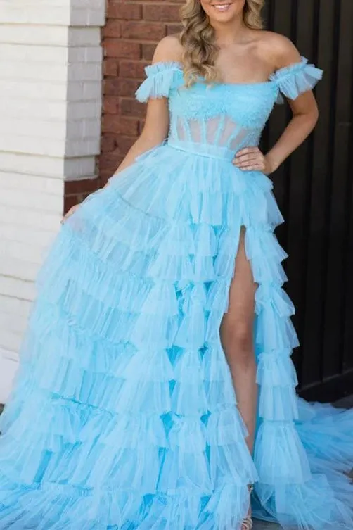 A Line Tiered Tulle Off the Shoulder Split Prom Dress Evening Formal Dress UQP0286