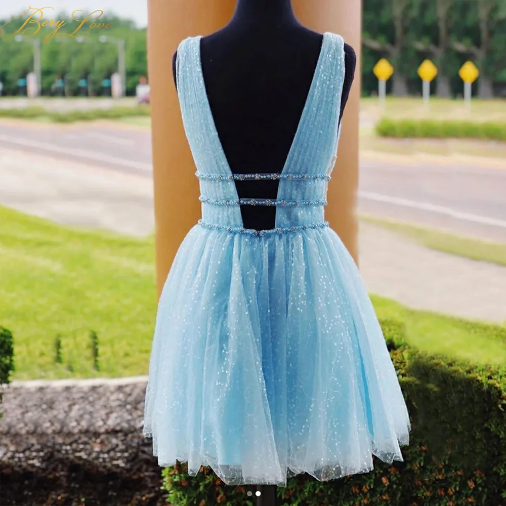 A Line Tulle V Neck Homecoming Dress With Beading