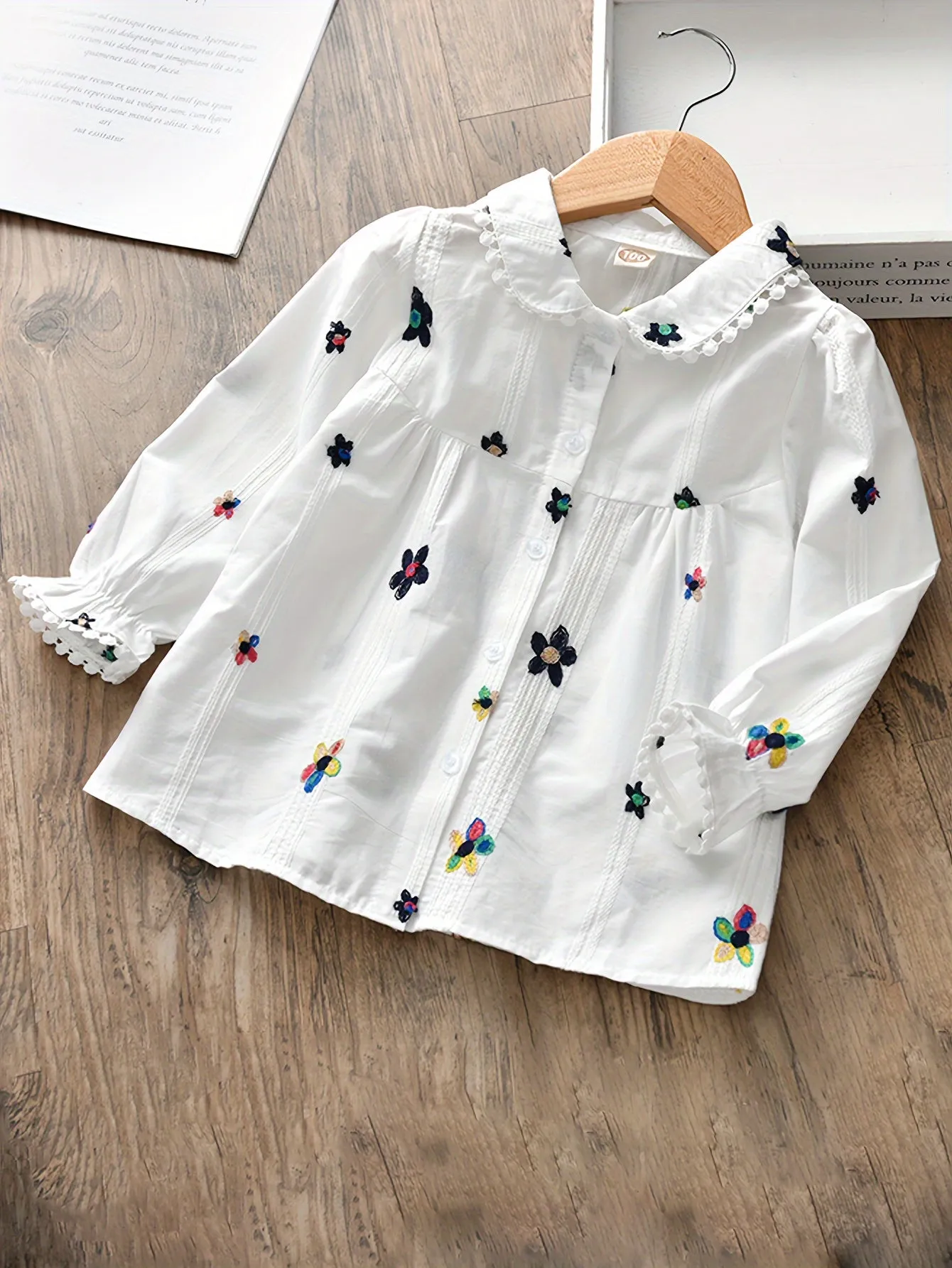 Adorable Boho Floral Embroidered Doll Collar Blouse for Little Girls - Soft 95% Cotton, Casual Long Sleeve Shirt, Perfect for Spring and Fall Season, Daily Wear, and Outdoor Activities