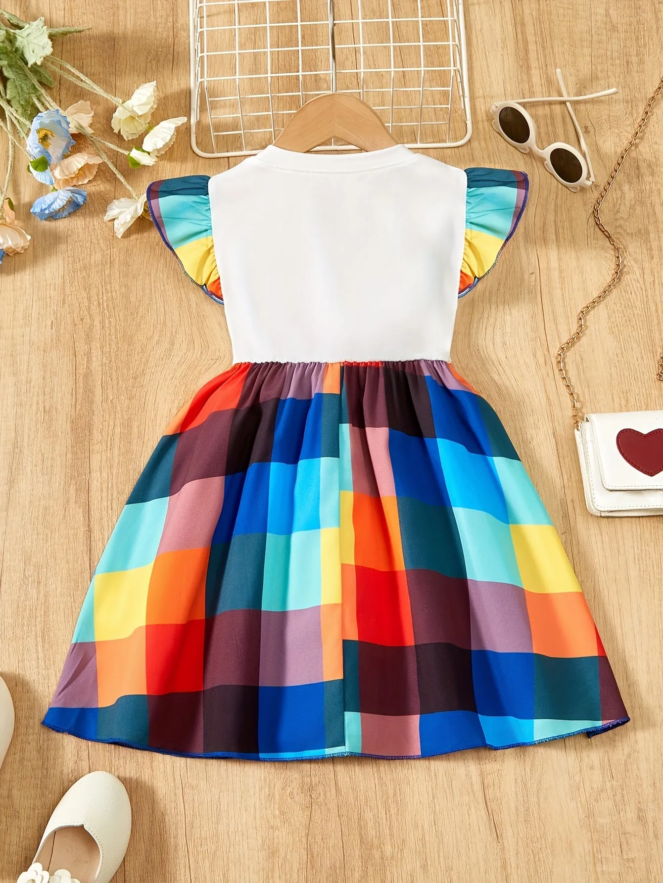 Adorable Girls Heart Print Ruffle Dress with Plaid Splicing - Perfect for Summer Outdoor Parties and Precious Gift Ideas