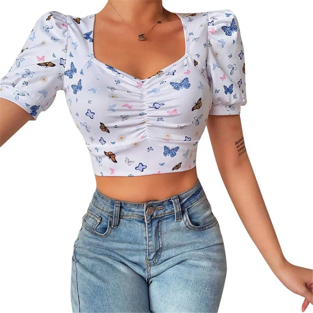 Afylingla Women's Butterfly Printed Short Sleeve V Neck T-Shirt Folds Slim Crop Top