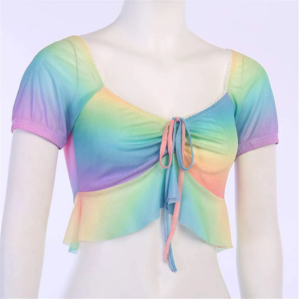 Afylingla Women's Butterfly Printed Short Sleeve V Neck T-Shirt Folds Slim Crop Top