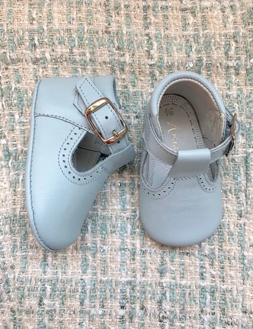 Alex- Light Blue Leather Baby T-Bar Shoes