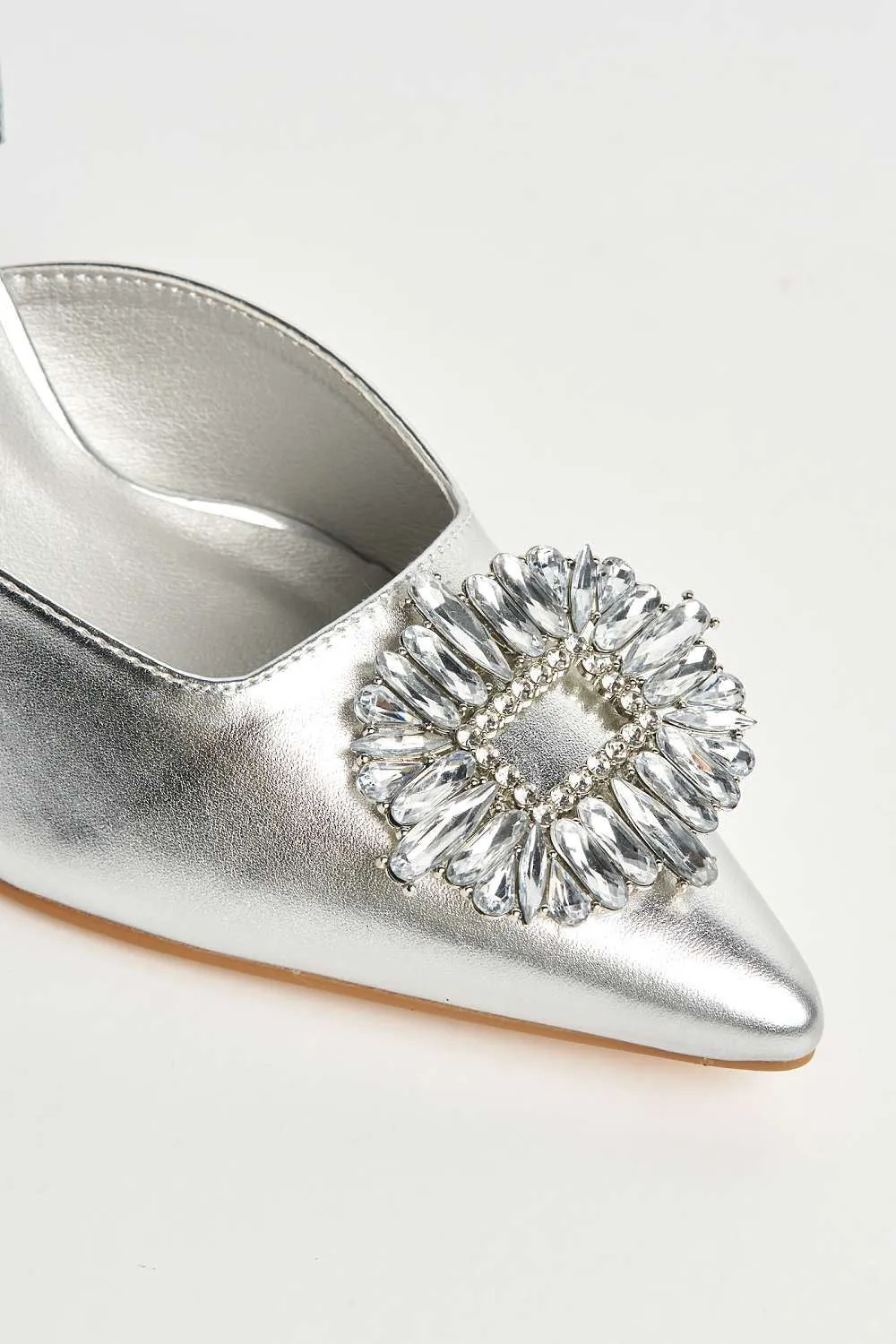 Amira Diamante Brooch Sling Back Court Shoes in Silver