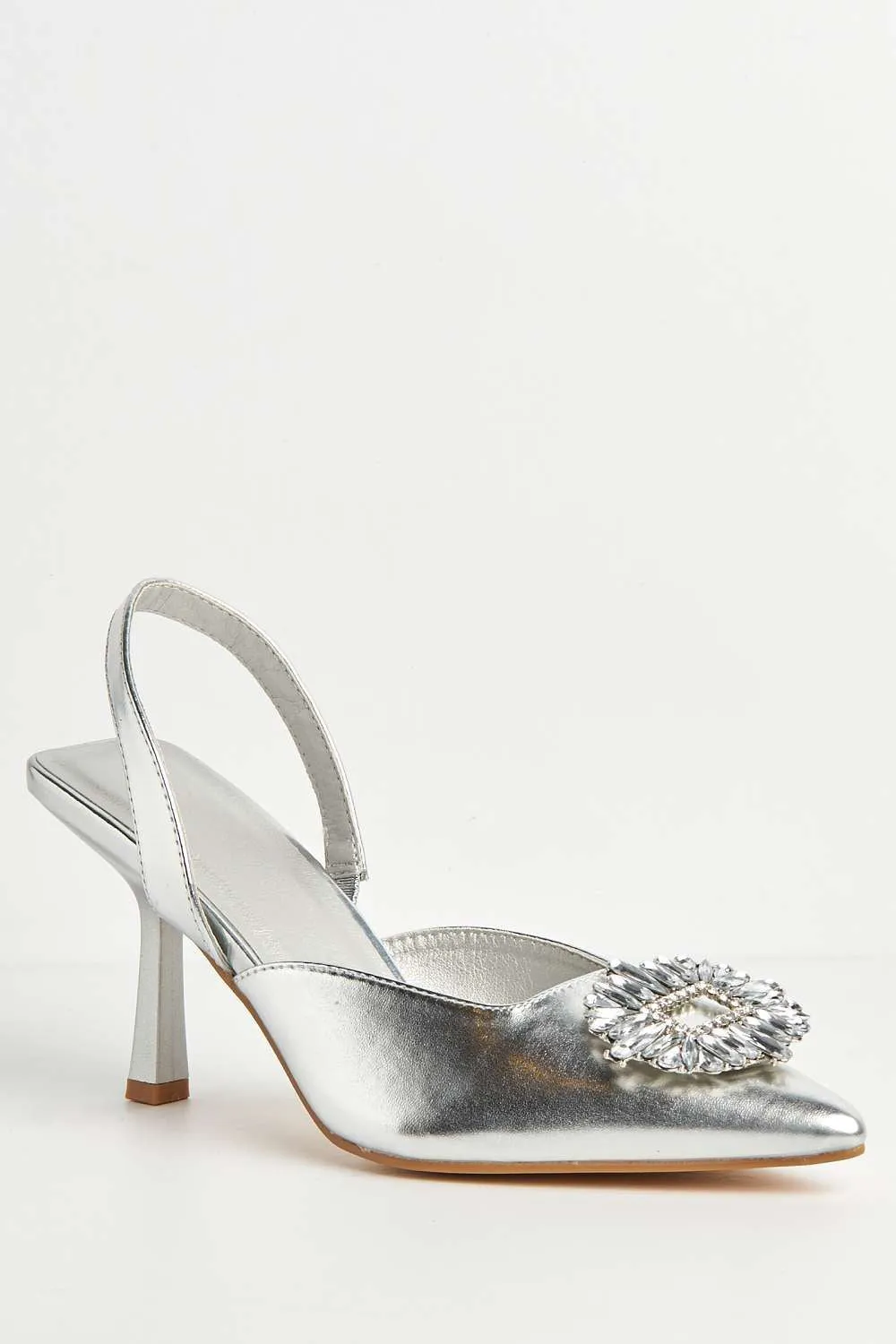 Amira Diamante Brooch Sling Back Court Shoes in Silver