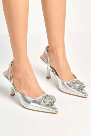 Amira Diamante Brooch Sling Back Court Shoes in Silver