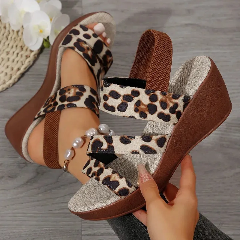 Amozae-2024 Hot Sale Shoes for Women Elastic Band Women's Sandals Summer Open Toe Leopard Print Outdoor Casual Platform Wedge Sandals