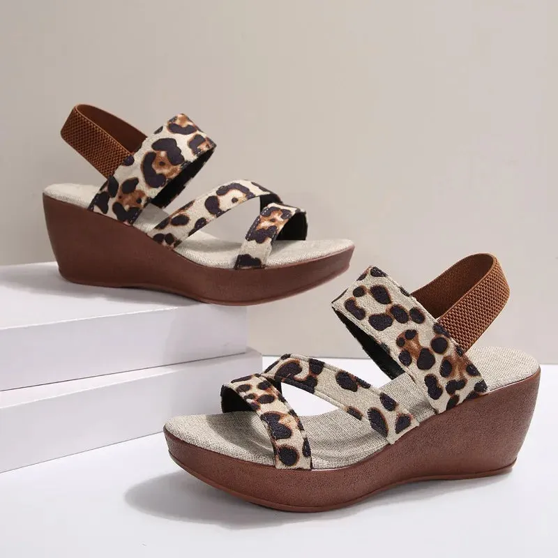 Amozae-2024 Hot Sale Shoes for Women Elastic Band Women's Sandals Summer Open Toe Leopard Print Outdoor Casual Platform Wedge Sandals