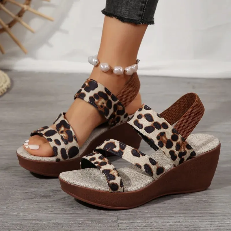 Amozae-2024 Hot Sale Shoes for Women Elastic Band Women's Sandals Summer Open Toe Leopard Print Outdoor Casual Platform Wedge Sandals