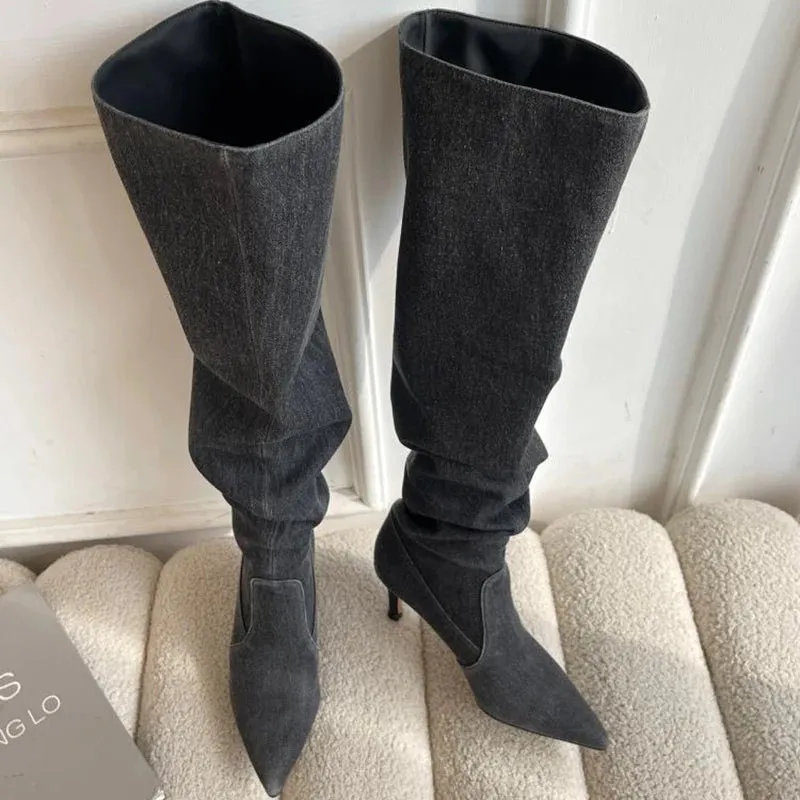 Amozae-Jeans Knee Boots Cowboy Woman Blue Pleated Denim Boots Women 2023 Autumn Winter Retro High Heels Pointed Thin Thigh High Boots