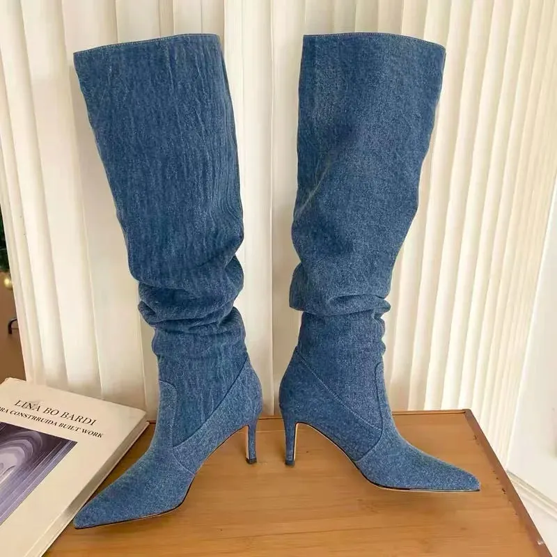 Amozae-Jeans Knee Boots Cowboy Woman Blue Pleated Denim Boots Women 2023 Autumn Winter Retro High Heels Pointed Thin Thigh High Boots