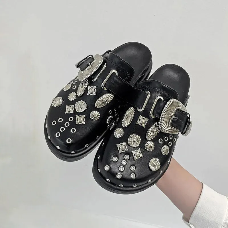 Amozae Summer Women Slippers Platform Rivets Punk Rock Leather Mules Creative Metal Fittings Casual Party Shoes Female Outdoor