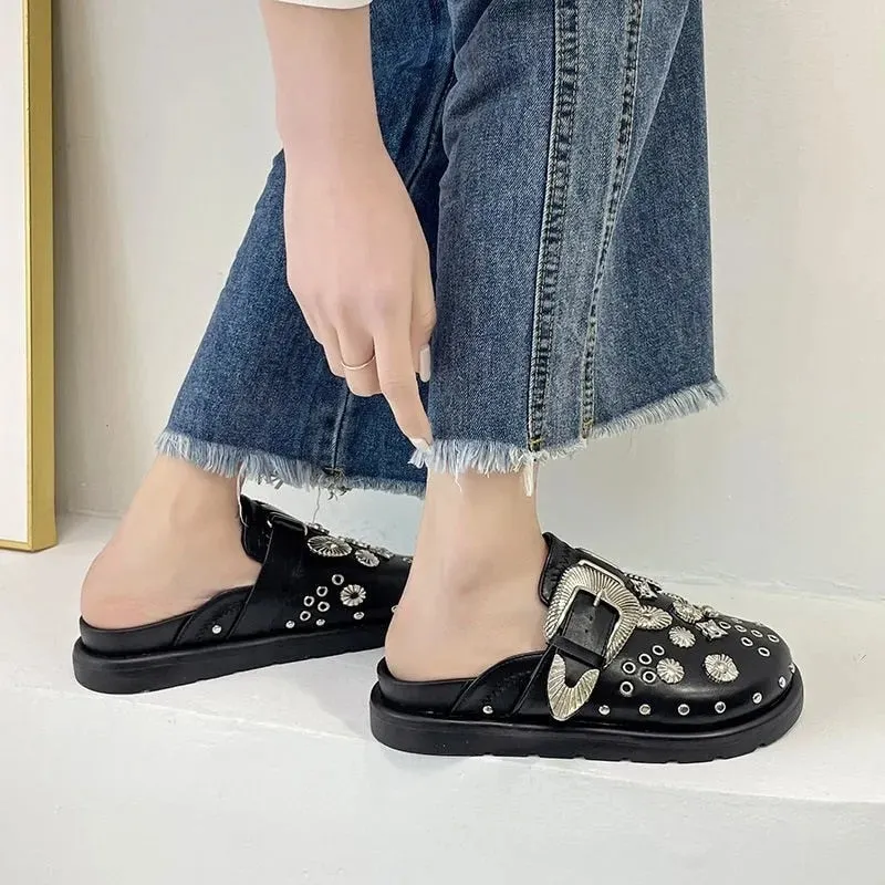 Amozae Summer Women Slippers Platform Rivets Punk Rock Leather Mules Creative Metal Fittings Casual Party Shoes Female Outdoor