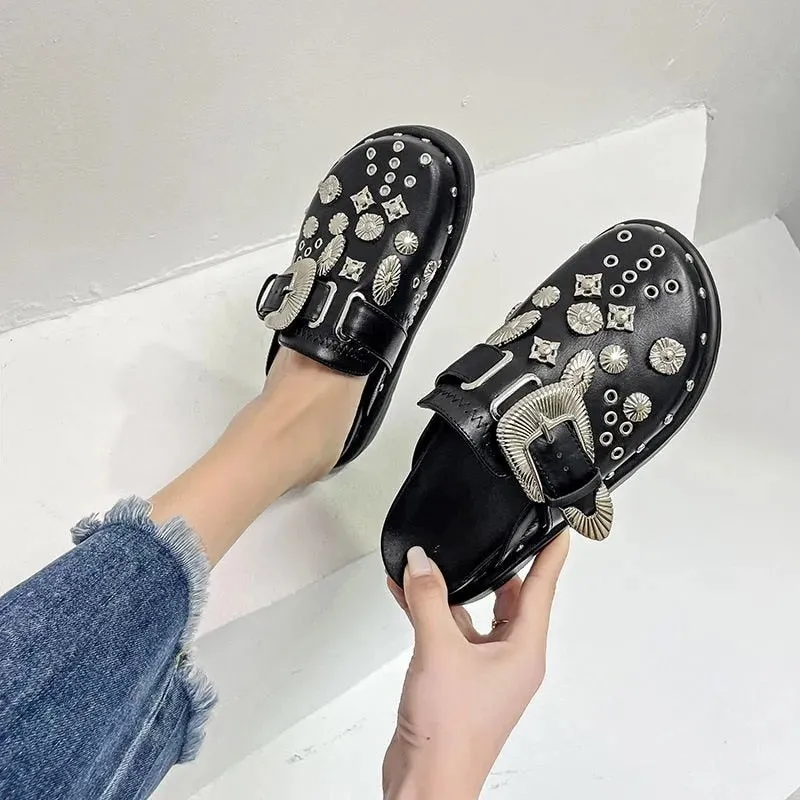 Amozae Summer Women Slippers Platform Rivets Punk Rock Leather Mules Creative Metal Fittings Casual Party Shoes Female Outdoor