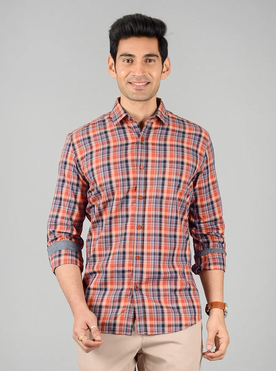 Apricot Orange Checked Slim Fit Casual Shirt | JadeBlue