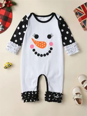 Baby Girls Boys Cute Happy Snowman Graphic Long-sleeved Christmas Jumpsuit, Kids Clothes Autumn And Winter Indoor And Outdoor Wear