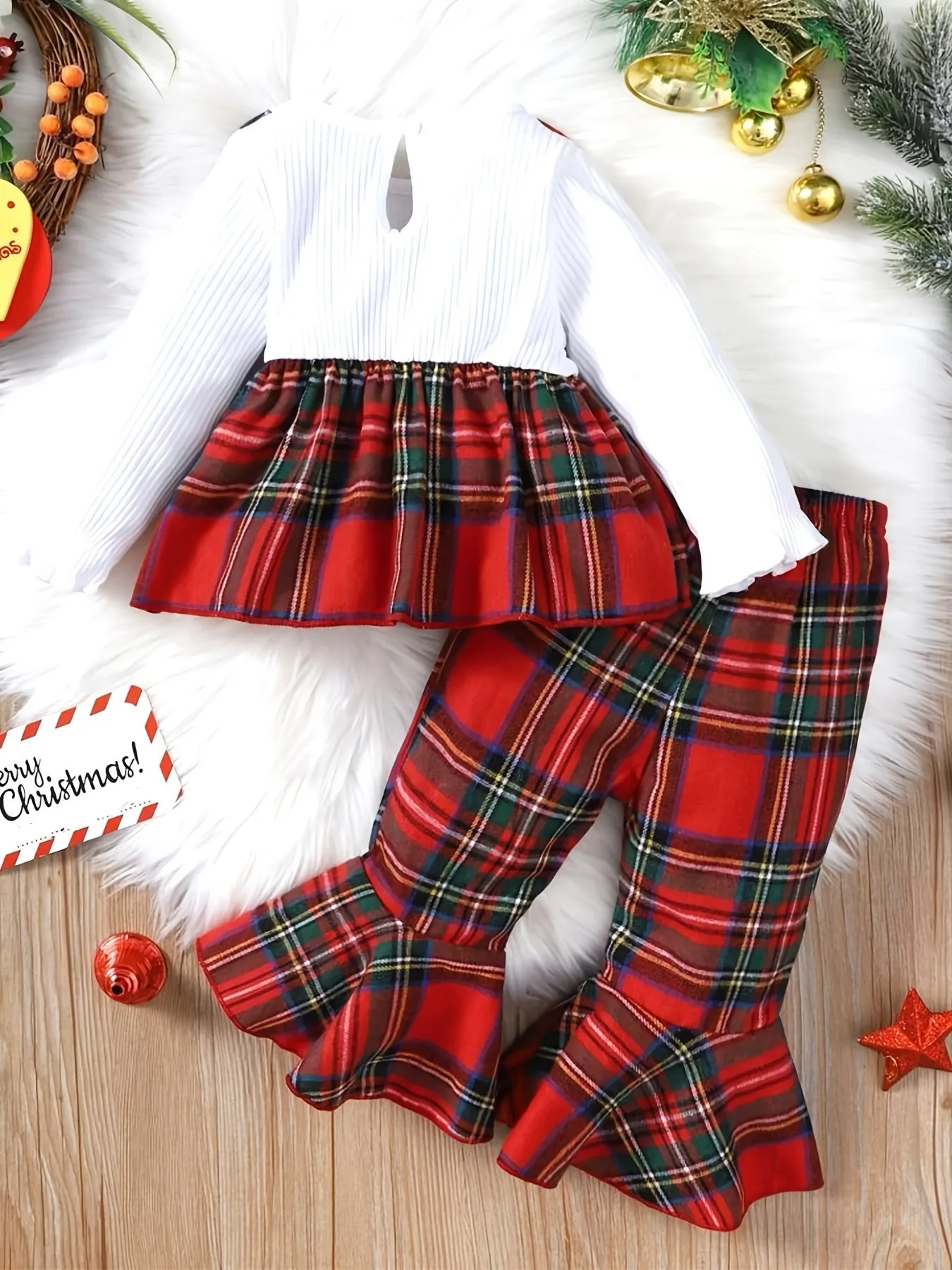 Baby Girl's Plaid Pattern 2pcs, Ribbed Long Sleeve Top & Flared Pants Set, Christmas Style Casual Outfits, Kids Clothes For Spring Fall, Outdoor Clothing