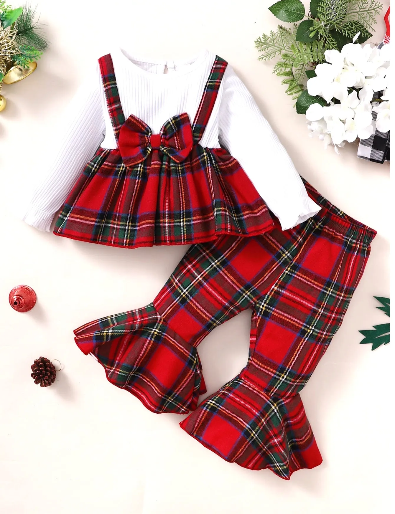 Baby Girl's Plaid Pattern 2pcs, Ribbed Long Sleeve Top & Flared Pants Set, Christmas Style Casual Outfits, Kids Clothes For Spring Fall, Outdoor Clothing