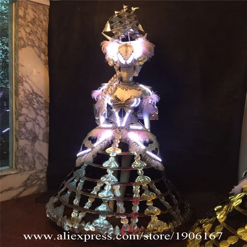 Ballroom Dance Women Dresses Led Luminous European court Costumes White Light Model Cosplay Stage Show Clothes Singer DS Wears