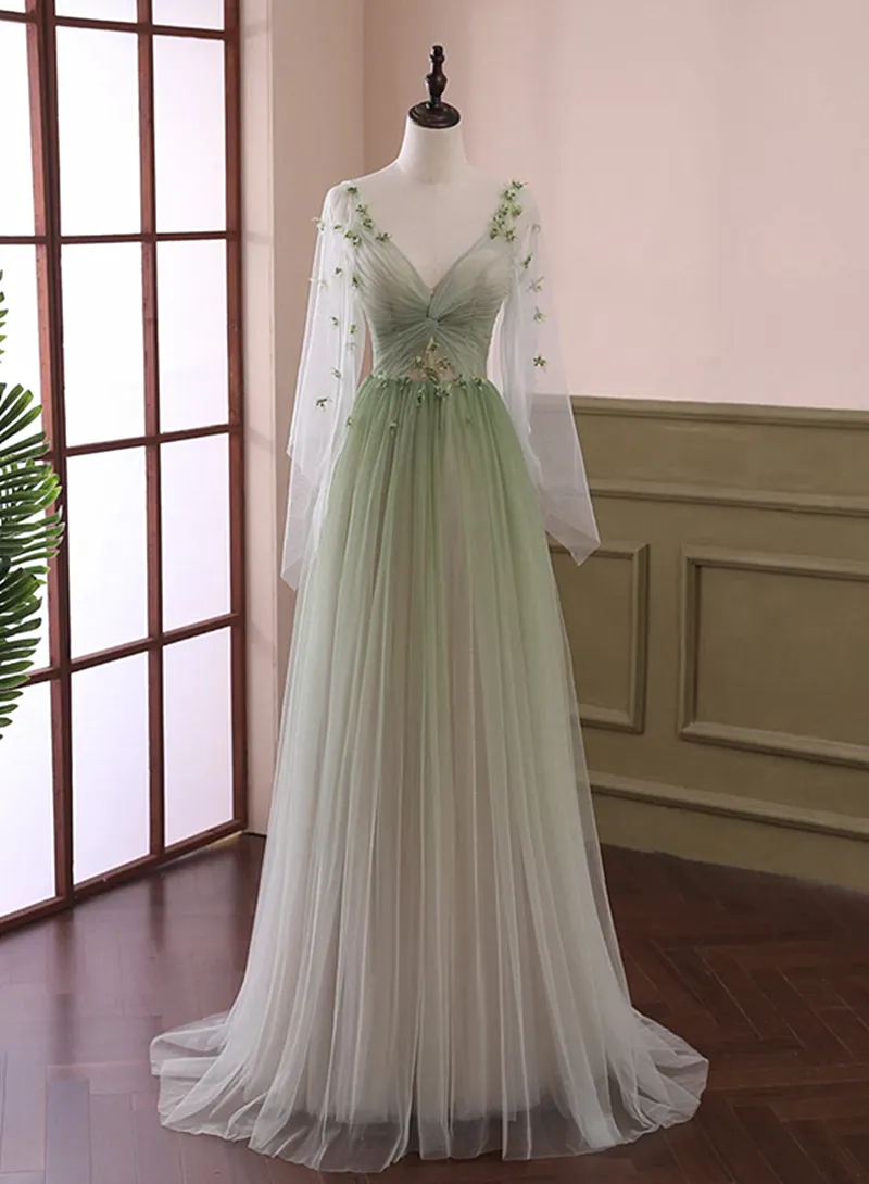 Beautiful Gradient Tulle Green Beaded Long Sleeves Party Dress,Green Formal Dresses