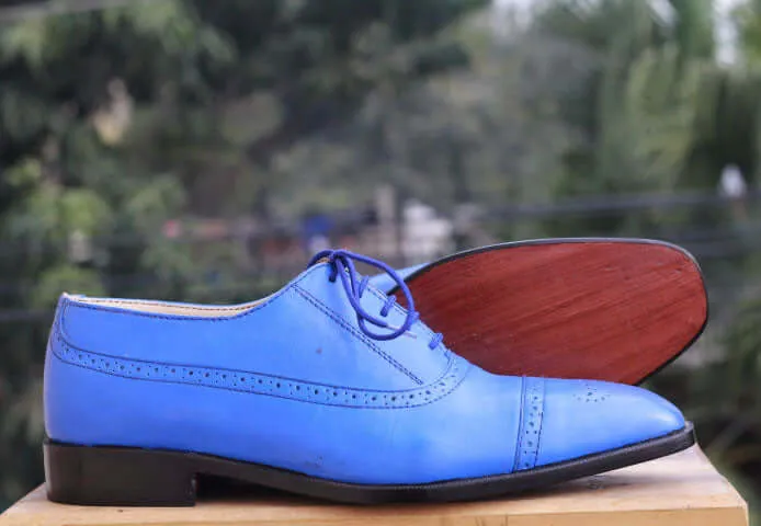 Bespoke Sky Blue Leather Cap Toe Lace Up Shoes for Men's