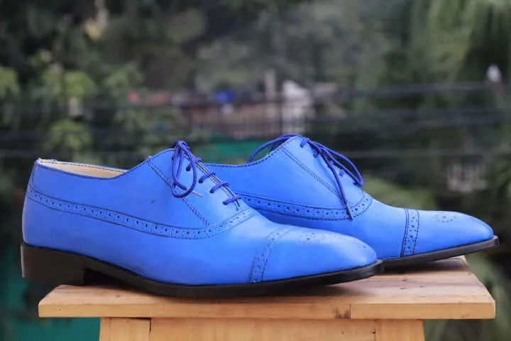 Bespoke Sky Blue Leather Cap Toe Lace Up Shoes for Men's