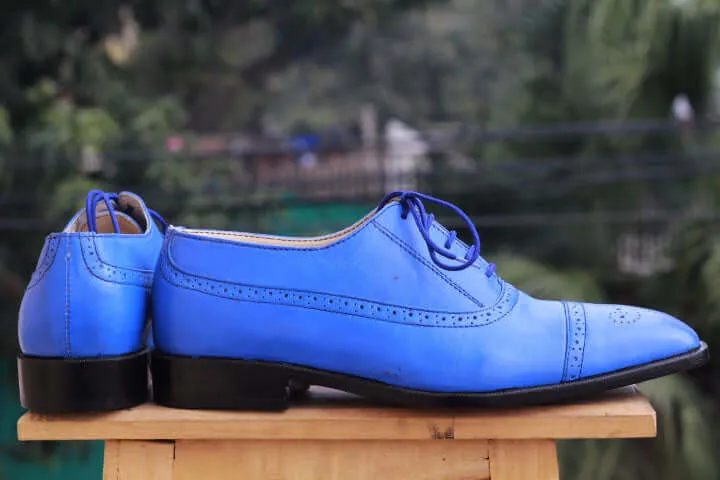 Bespoke Sky Blue Leather Cap Toe Lace Up Shoes for Men's