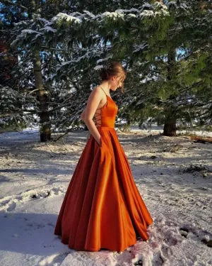 Best Burnt Orange Satin Prom Dress with Pockets A Line