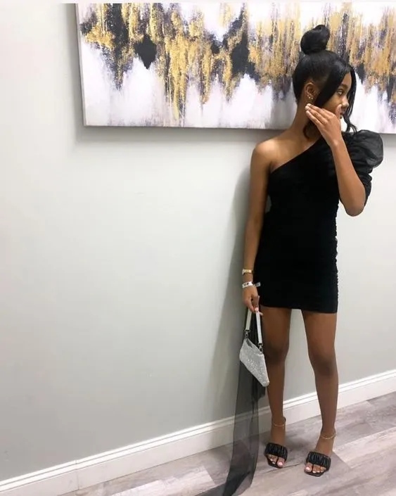 Black Homecoming Dress One Shoulder Short Prom Dresses