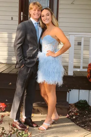 Bodycon Sweetheart Light Blue Short Homecoming Dress with Feathers