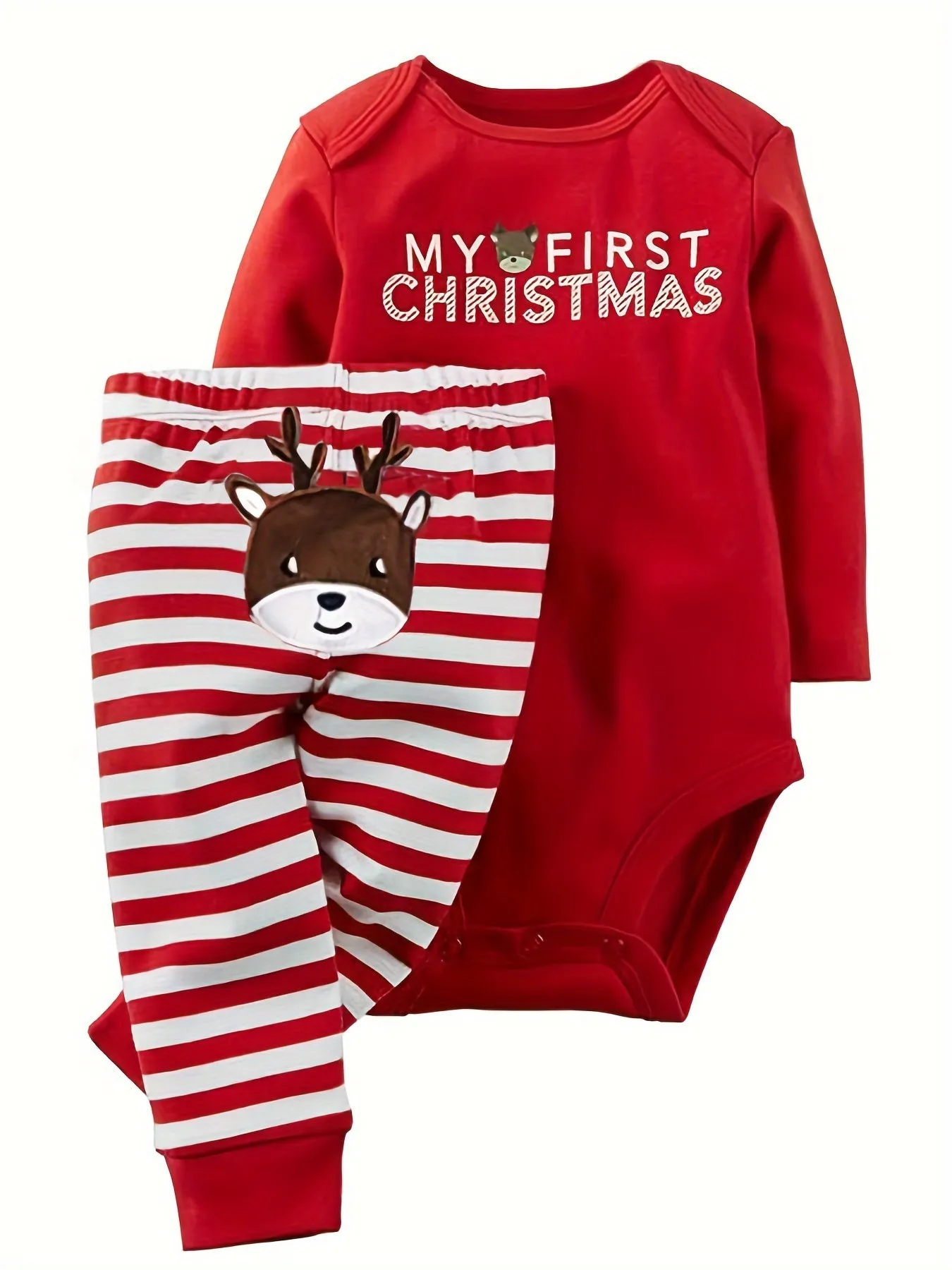 Boys Christmas Cute Outfits, Toddler Baby's Fawn Letter Graphic Long Sleeve Romper Striped Pants Set Outdoor Clothes