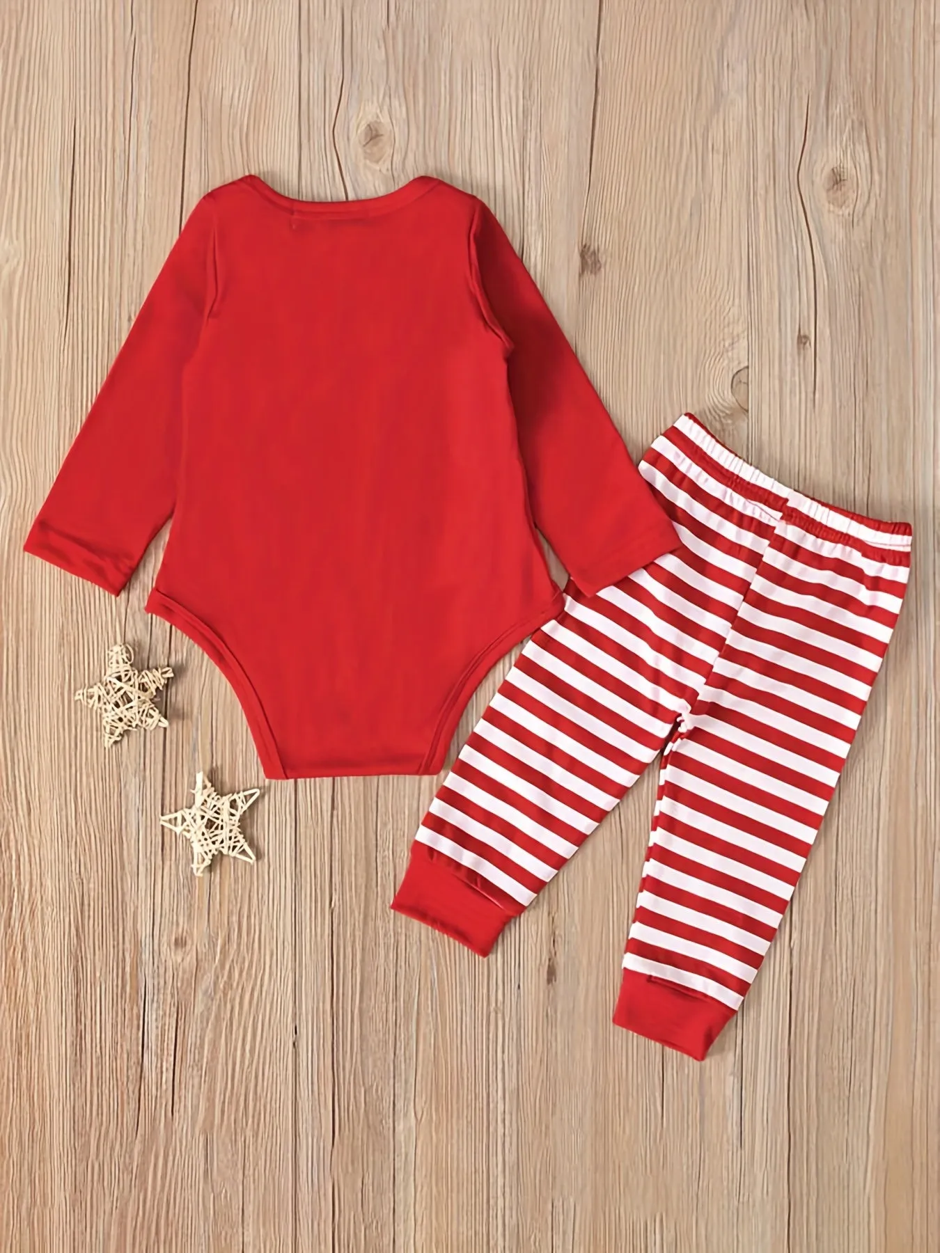 Boys Christmas Cute Outfits, Toddler Baby's Fawn Letter Graphic Long Sleeve Romper Striped Pants Set Outdoor Clothes