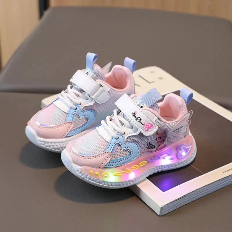 Brand Kids Girls Shoes Led Lights 2024 New Children Sneakers Girls Elsa Frozen Princess Casual Sport Shoes Baby Anti-slip Shoes