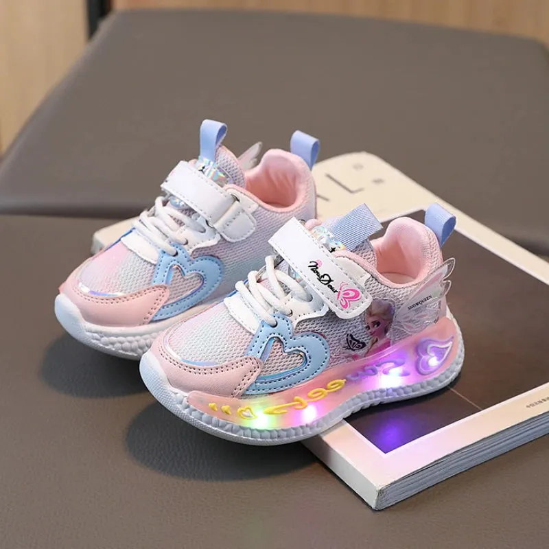 Brand Kids Girls Shoes Led Lights 2024 New Children Sneakers Girls Elsa Frozen Princess Casual Sport Shoes Baby Anti-slip Shoes